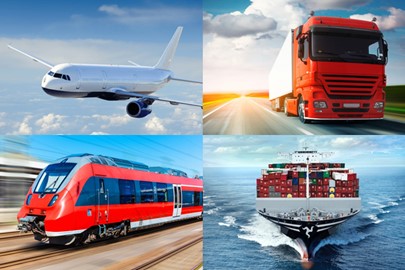 Collage of Flying airplane, Traveling Truck, Train, and Boat Transfer